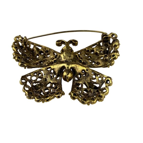 Vintage Ornate Butterfly Rhinestone Brooch Amber & Champagne Crystal Gold Tone - Picture 3 of 4